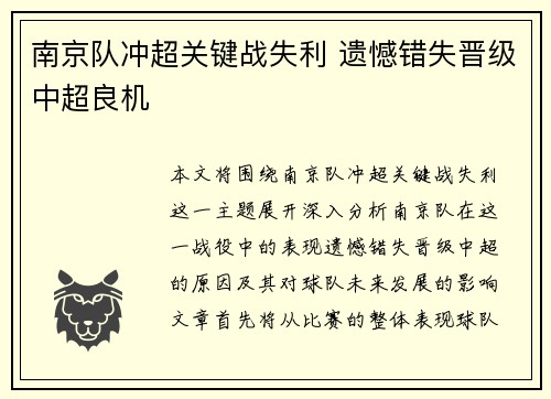 南京队冲超关键战失利 遗憾错失晋级中超良机 南京队冲超关键战失利 遗憾错失晋级中超良机